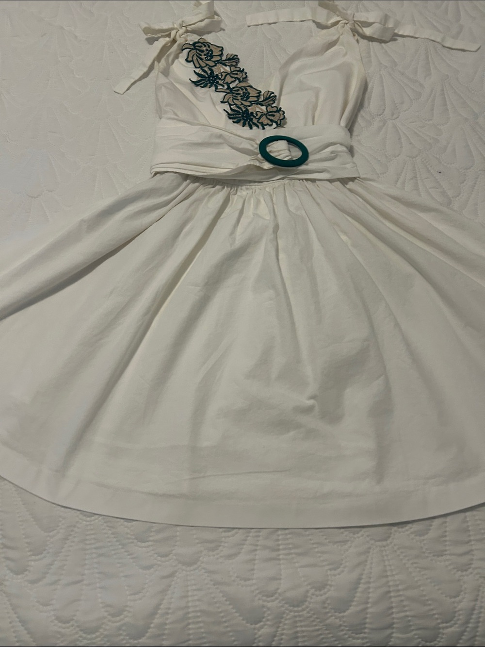 Women White Sundress with Teal Floral Embroidery and Belt Accent